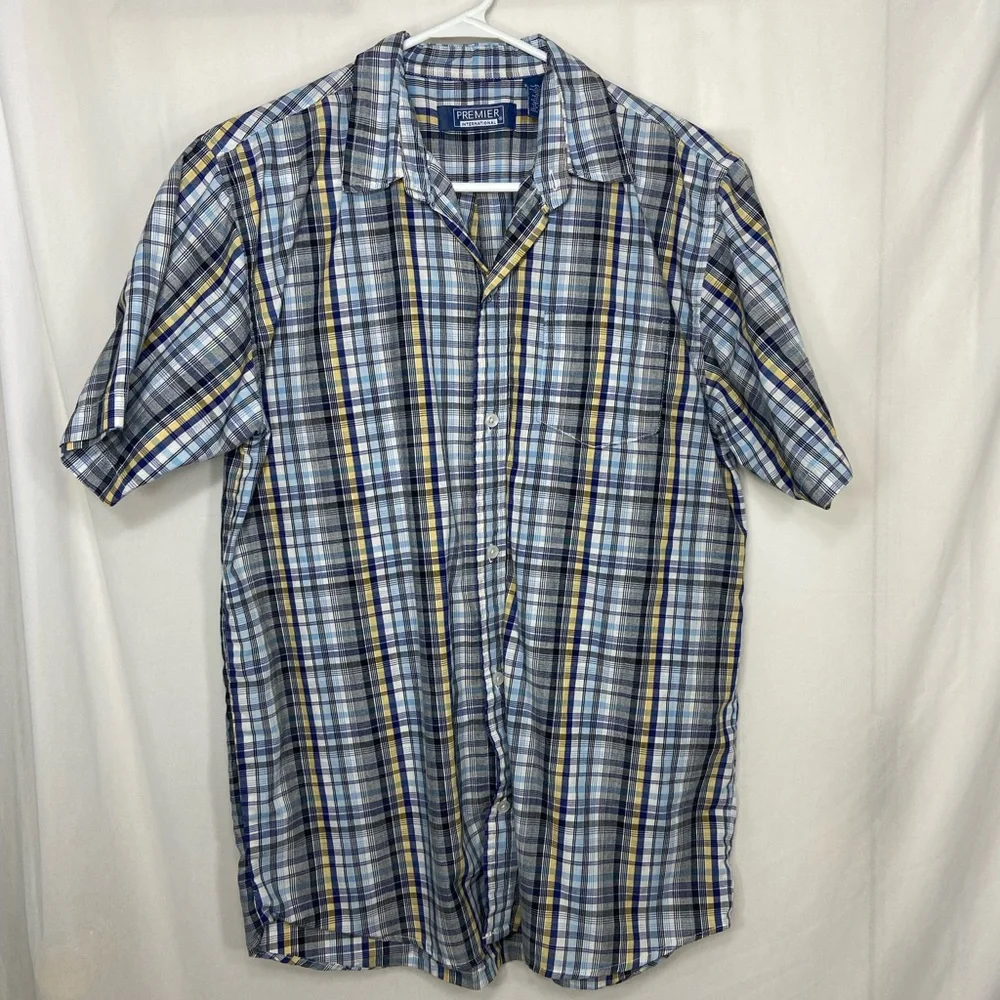 EUC Premier International youth boy’s blue plaid button down short sleeve‎ shirt